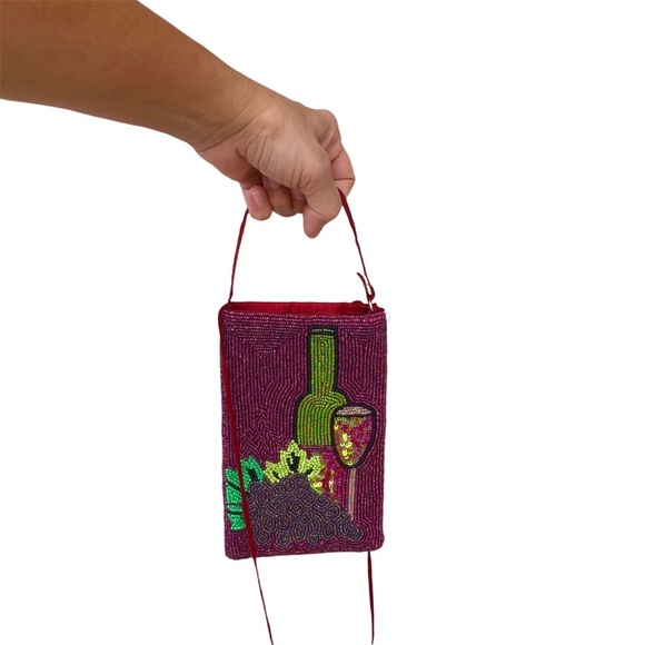 Bamboo Trading Company Red Wine Lovers Club Bag Beaded Phone Crossbody, Merlot - Picture 13 of 14